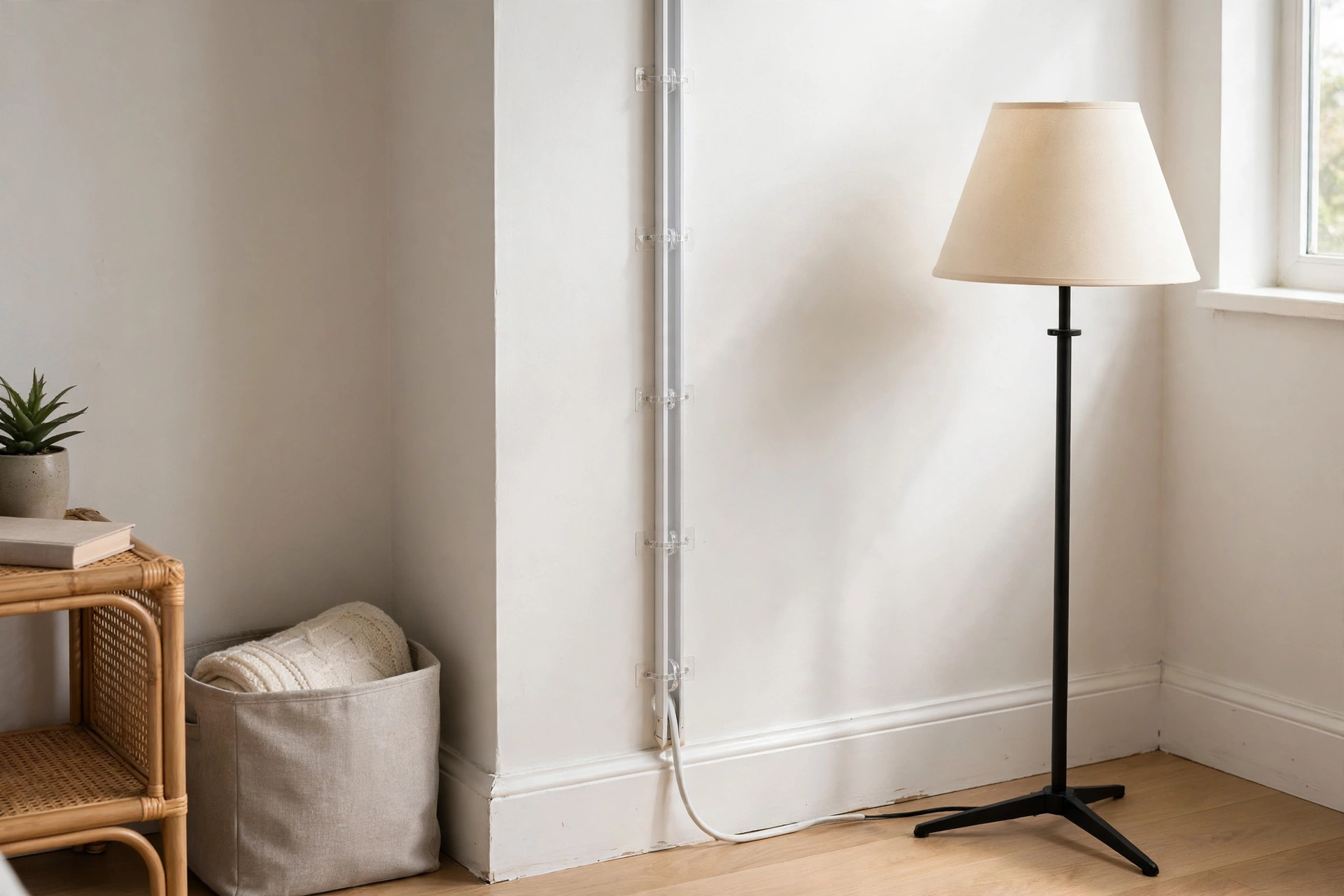 Neat white cord covers running along a studio apartment wall from a plug-in sconce to the outlet