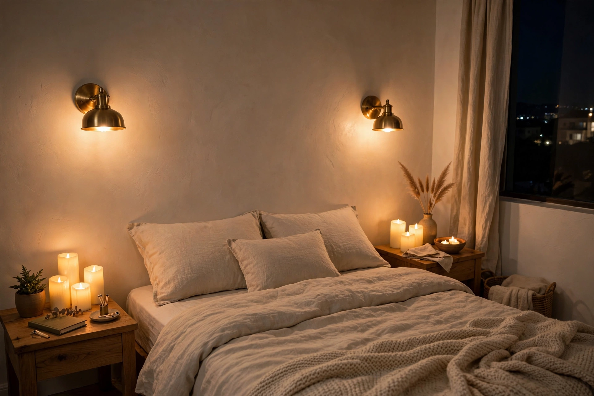 Battery-operated wall sconces and flameless LED candles glowing in a studio apartment living corner