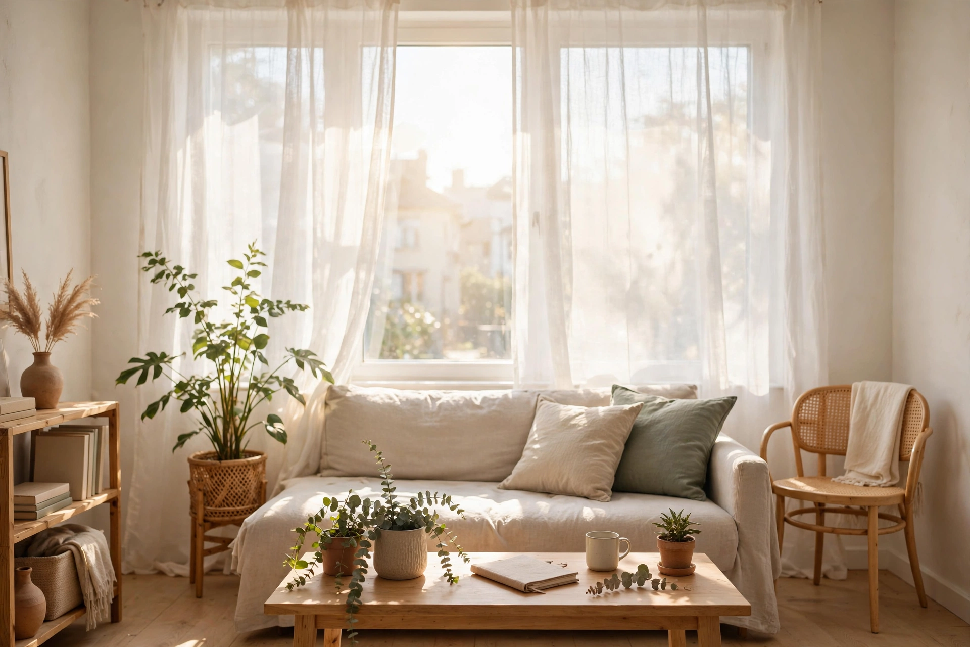 Sheer white curtains diffusing bright daylight across a studio apartment living area