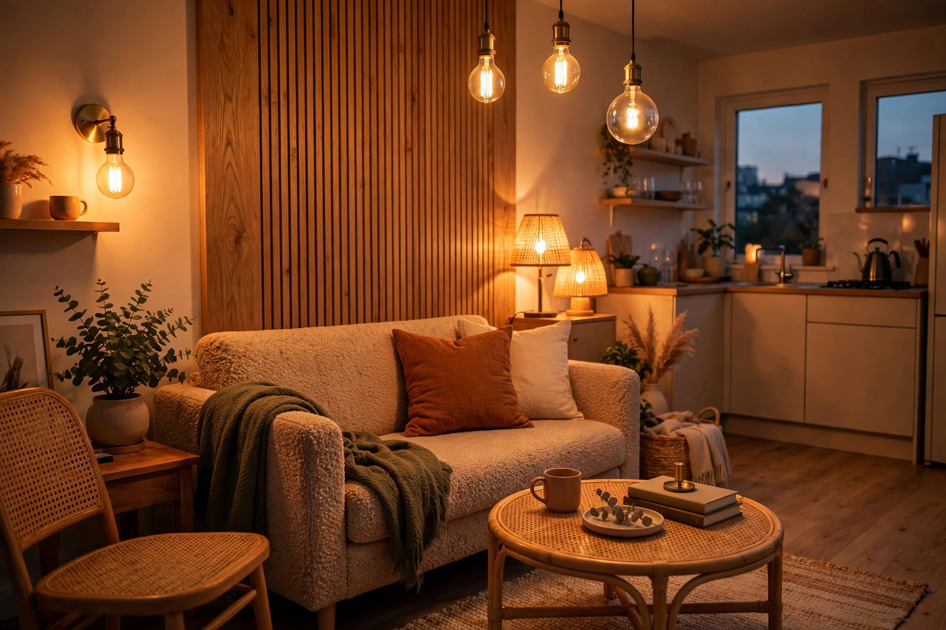 Hands swapping a cool white bulb for a warm 2700K LED bulb in a studio apartment lamp