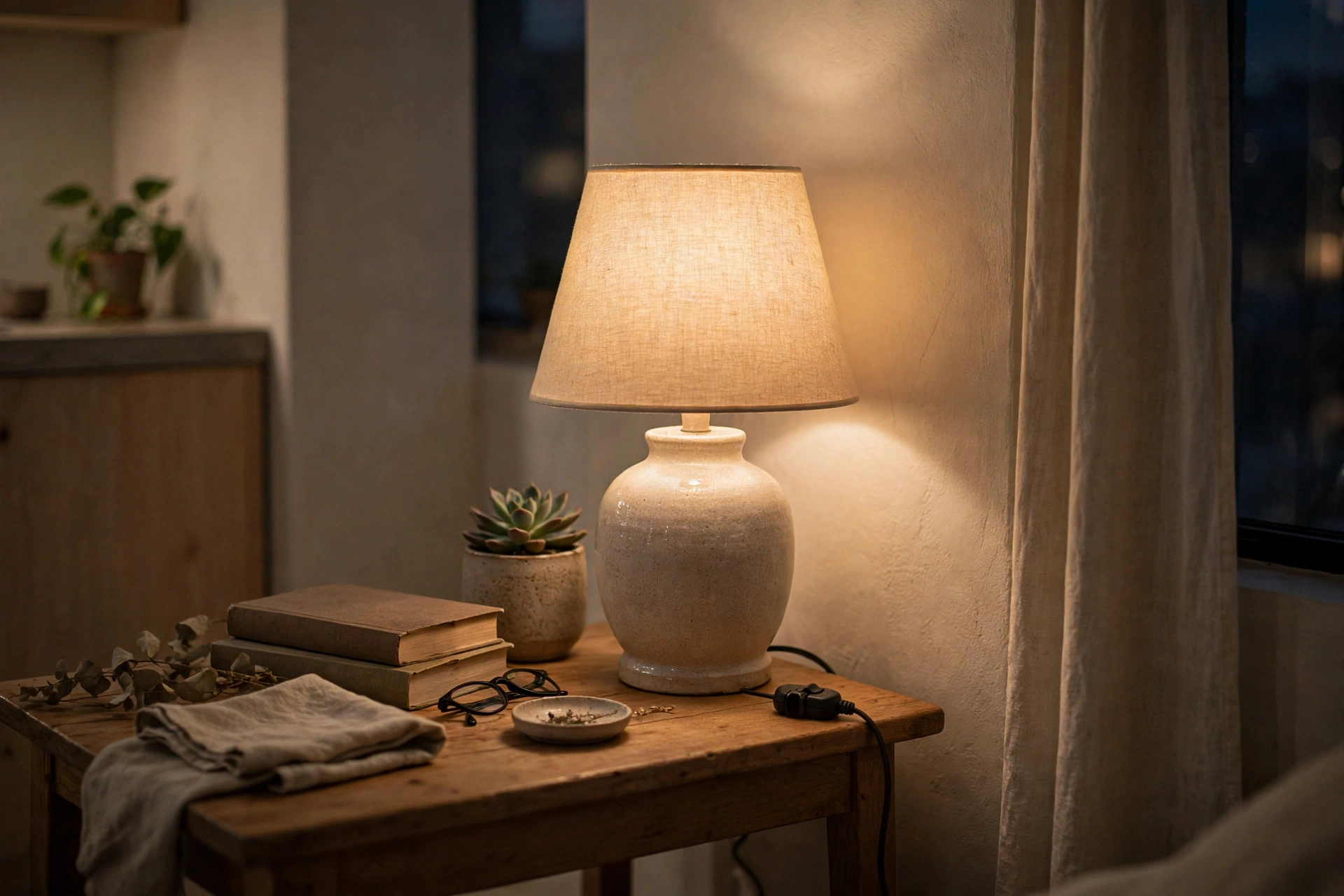 Plug-in lamp dimmer switch controlling a glowing floor lamp in a studio apartment corner