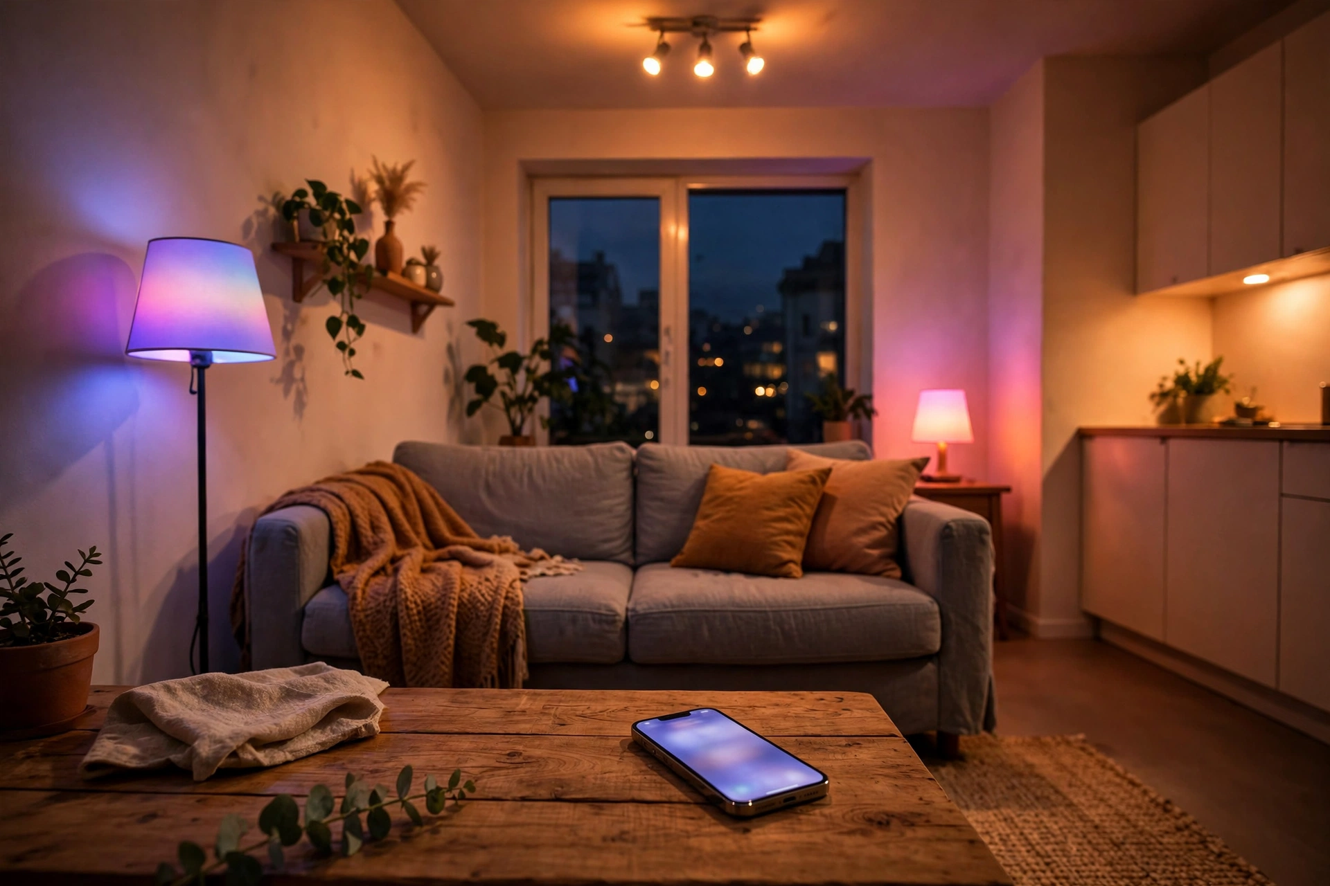 Smartphone app setting a warm evening lighting scene on smart bulbs in a studio apartment