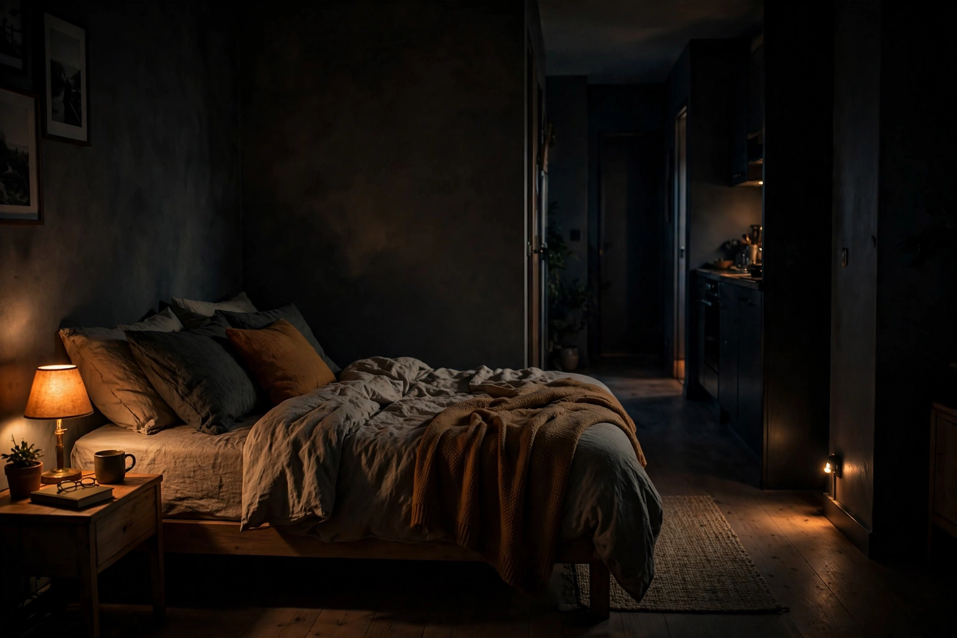 Studio apartment at night with lamps dimming down to a soft hallway glow for a goodnight routine