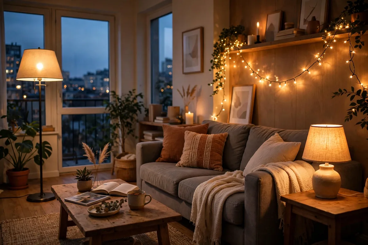 Cozy apartment living room with layered warm lighting from floor lamp table lamp and candles