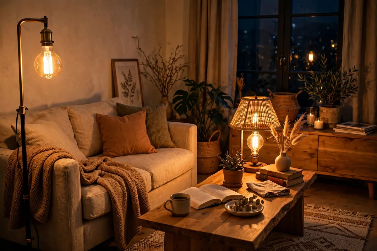 Warm 2700K light bulbs glowing in lamps in a cozy apartment living room