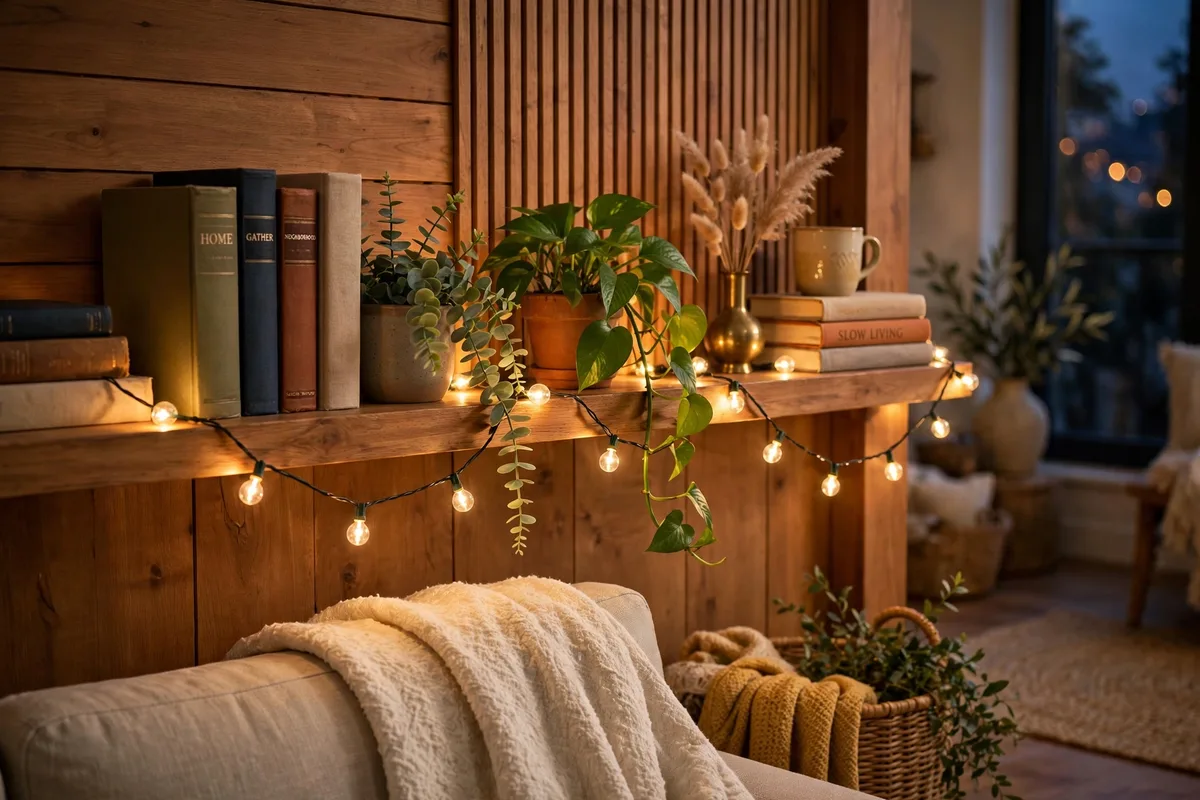 Warm string lights draped along a bookshelf in a cozy apartment living room