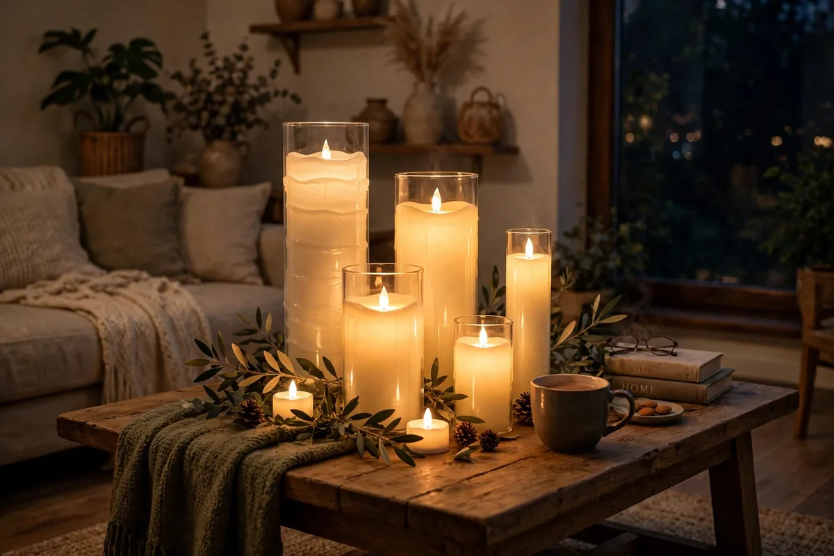 Cluster of flameless LED candles glowing on a tray in a cozy living room