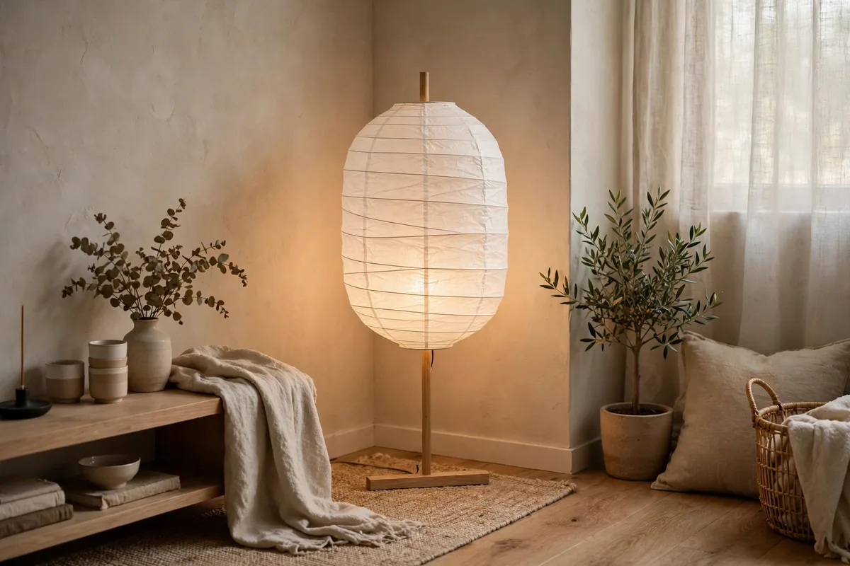 Glowing paper lantern floor lamp in a dark corner of a cozy apartment living room