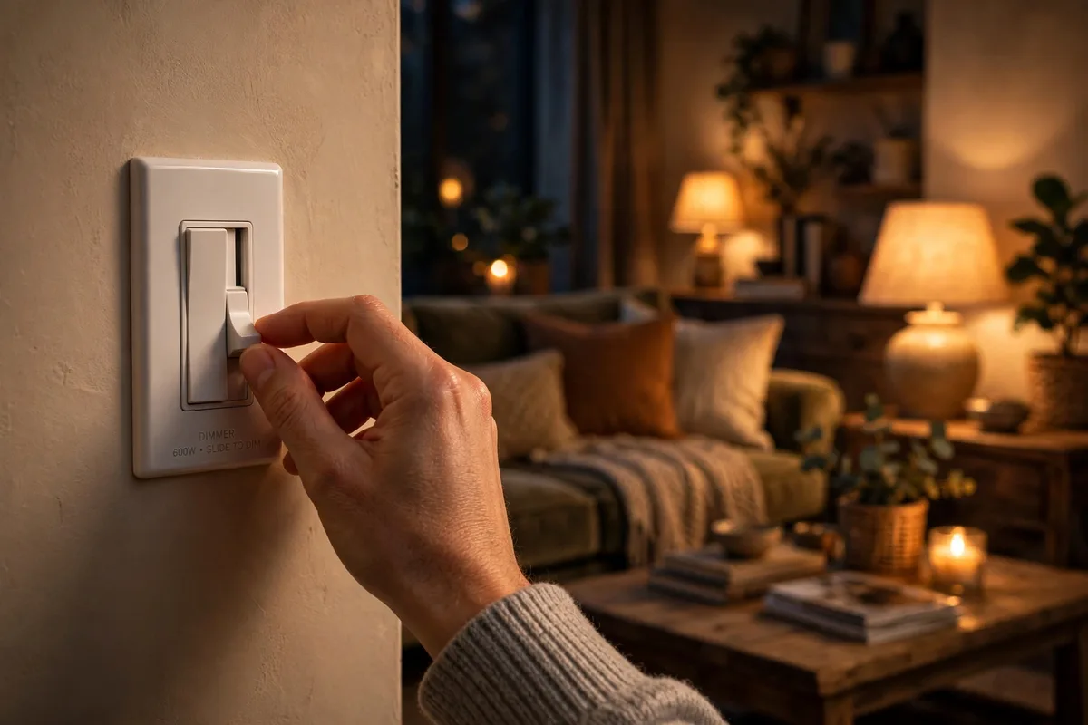 Plug-in dimmer switch controlling a warm table lamp in a cozy living room