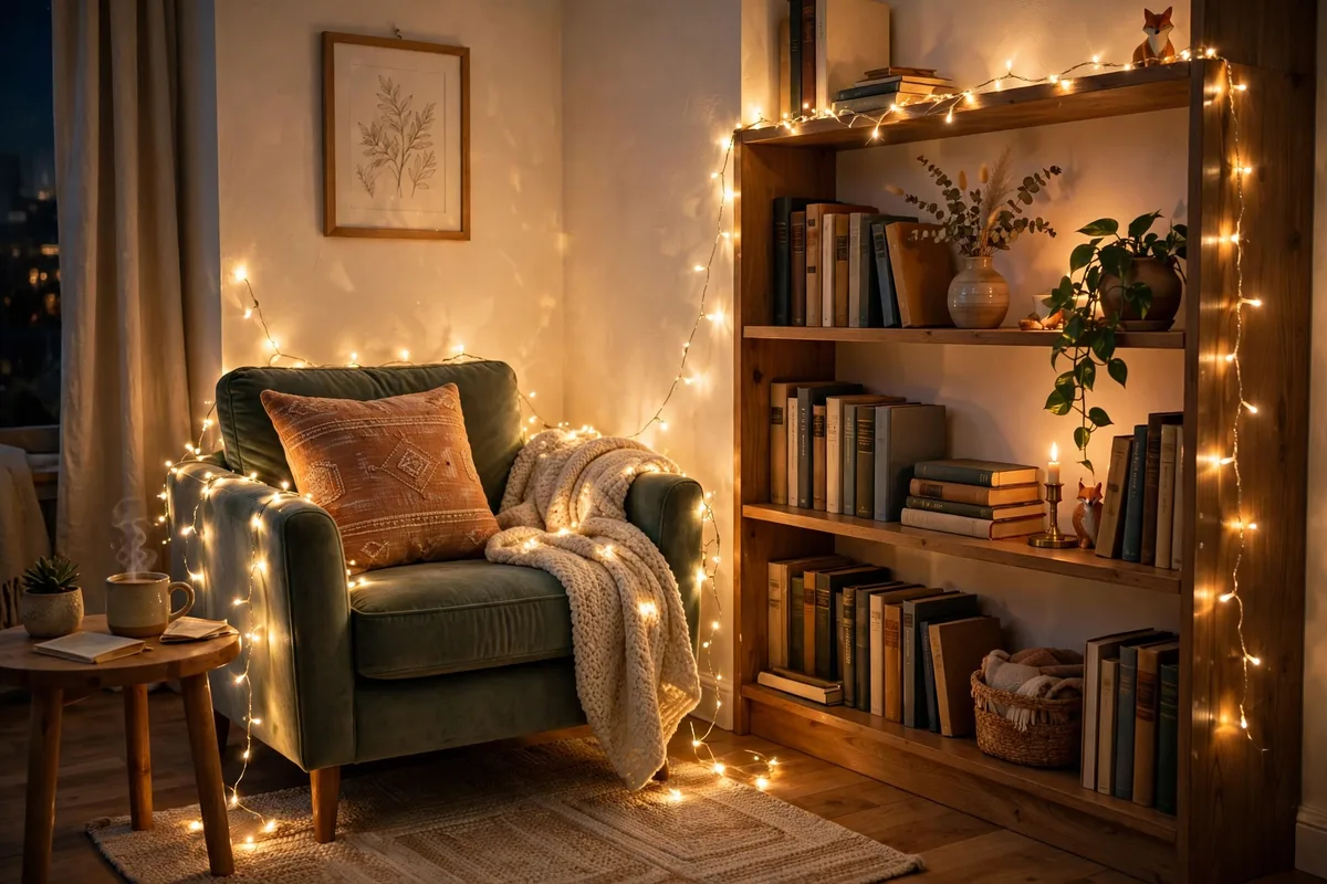 Fairy light curtain glowing in a cozy reading corner of an apartment living room