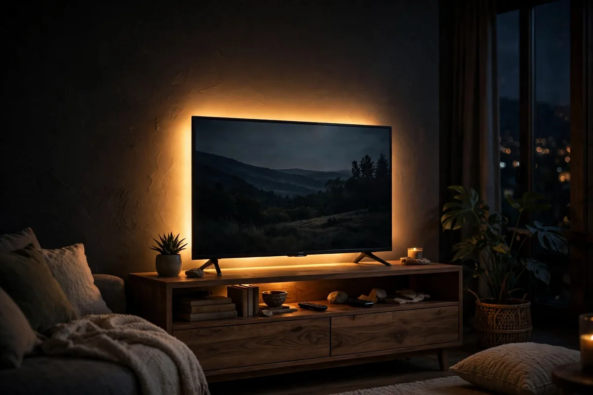 Warm LED backlight glowing behind a TV in a cozy apartment living room at night