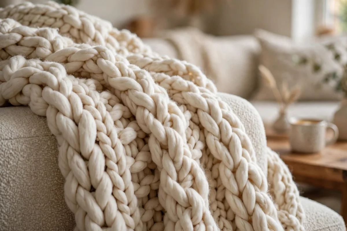 Oversized chunky knit throw blanket draped over a sofa in a cozy apartment living room