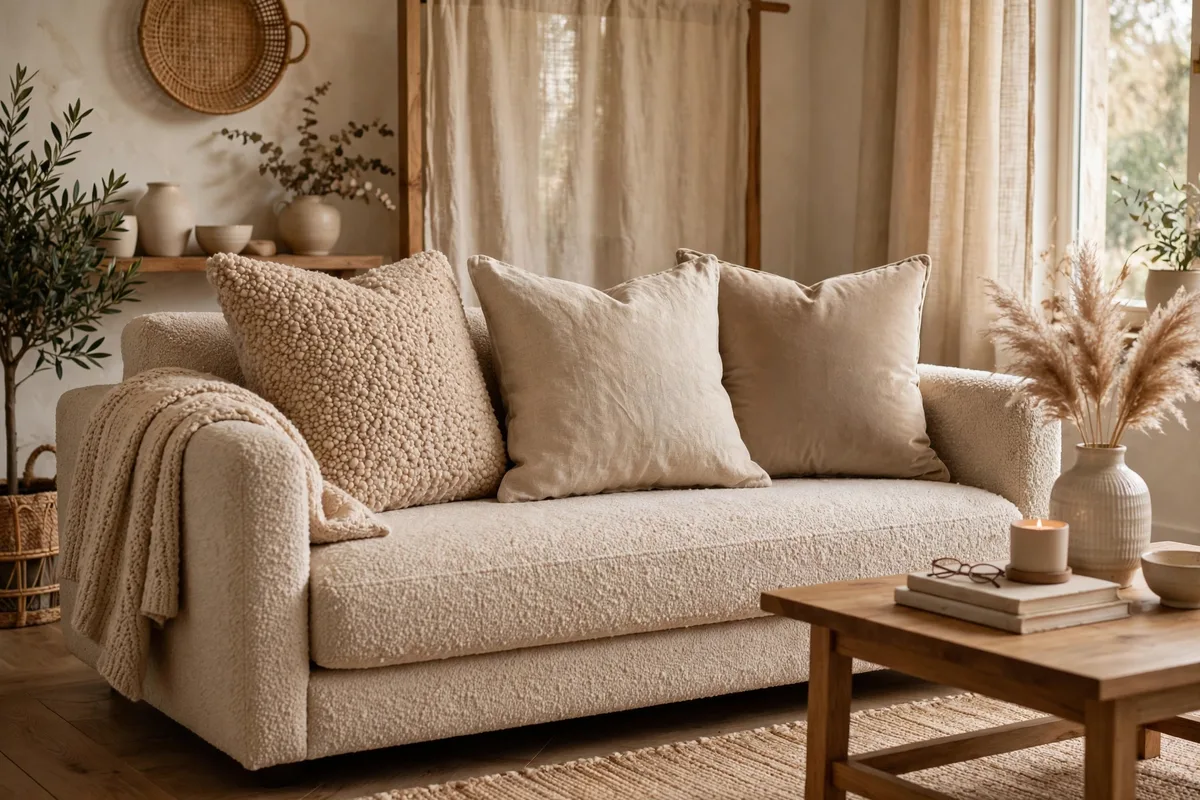 Sofa styled with throw pillows in mixed textures and warm tones in a cozy living room
