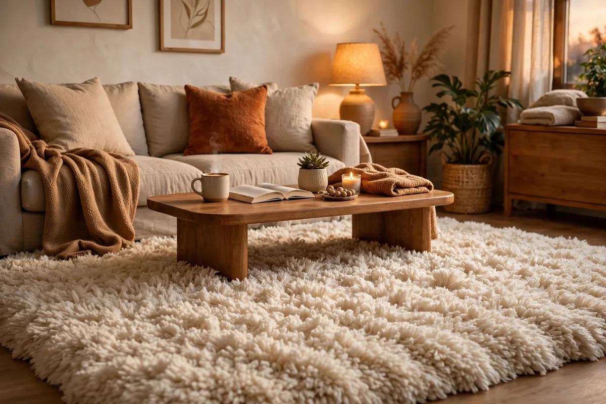 Plush area rug anchoring a sofa and coffee table in a cozy apartment living room