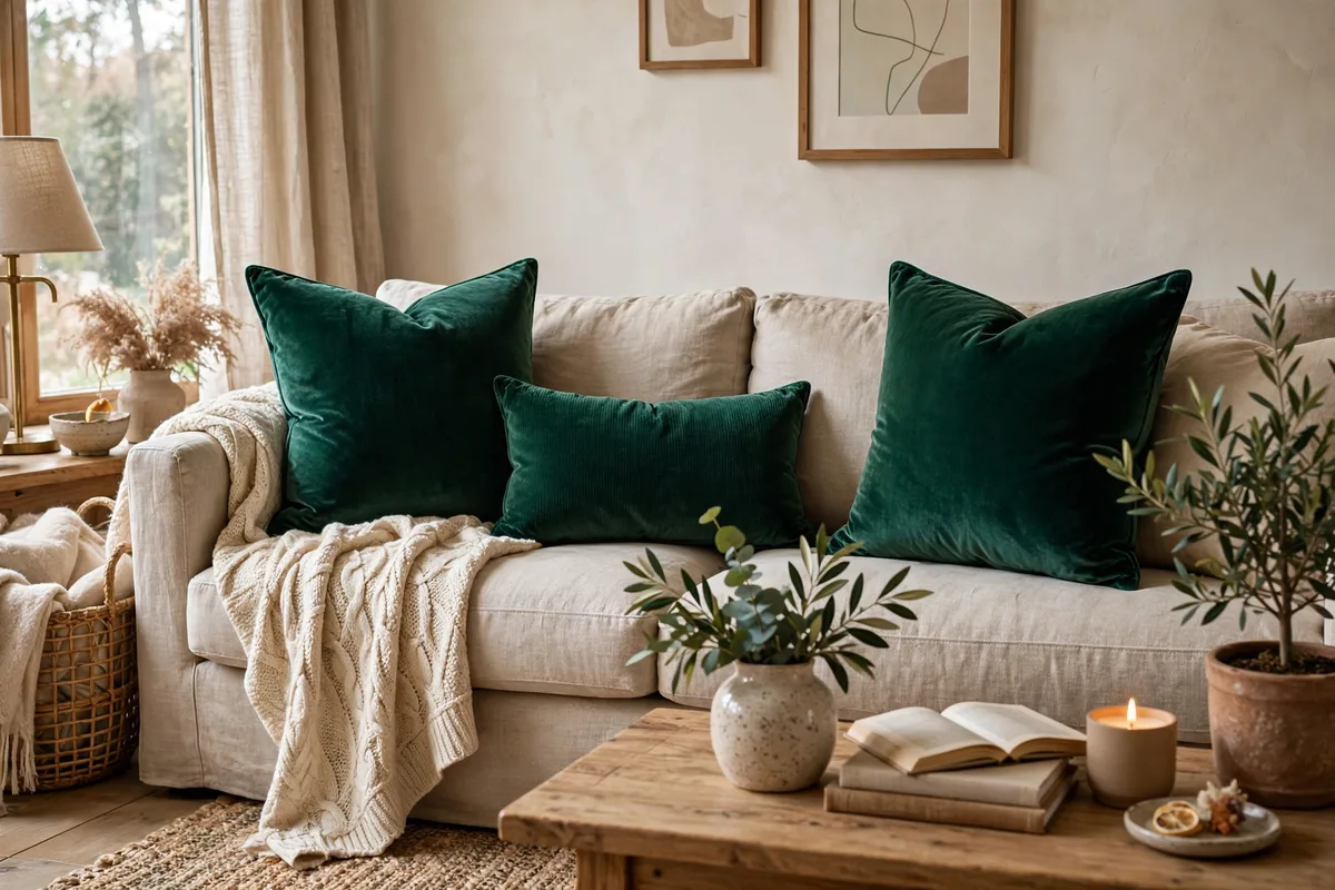 Velvet accent pillows in deep warm tones on a sofa in a cozy living room