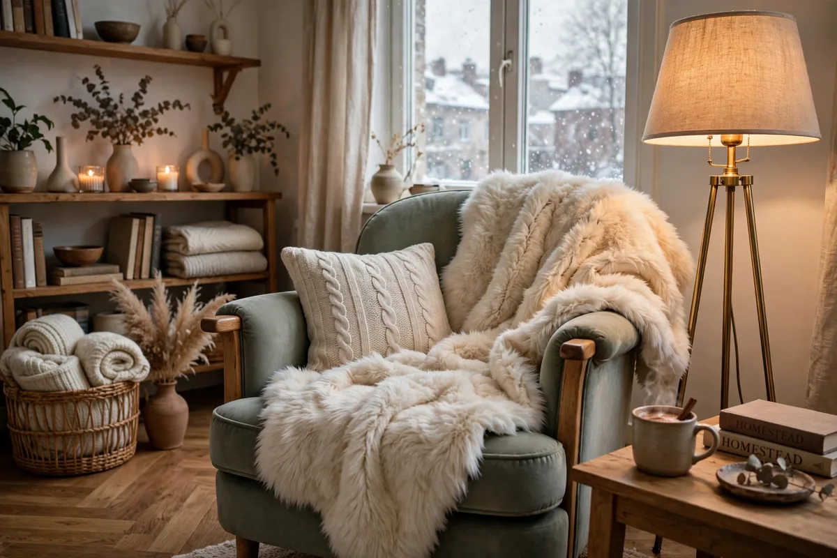 Faux fur throw draped over an armchair in a cozy apartment living room corner