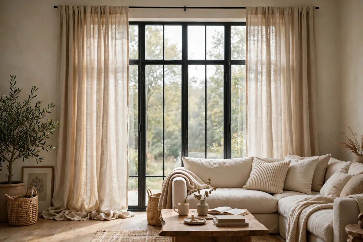 Floor-length linen curtains softening windows in a cozy apartment living room