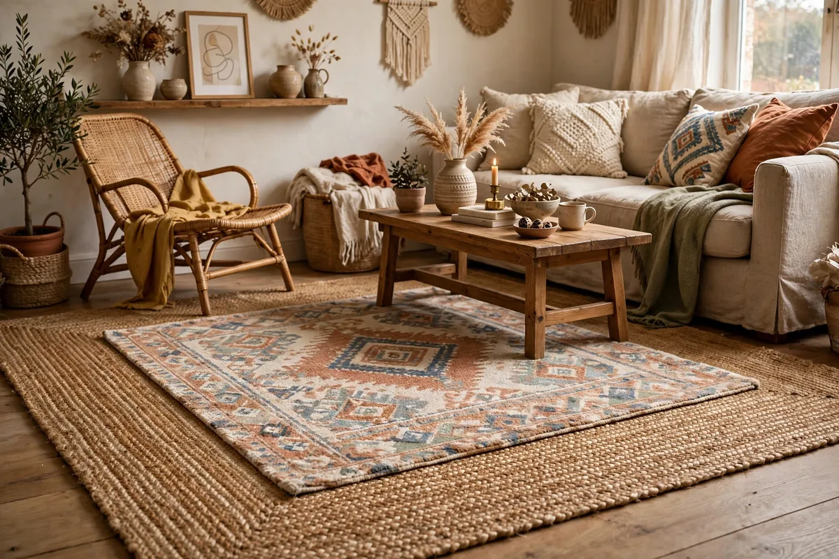 Layered jute and soft rugs under a coffee table in a cozy apartment living room
