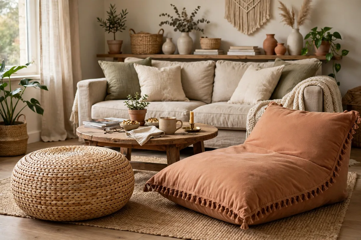 Knit pouf used as extra cozy seating in a small apartment living room