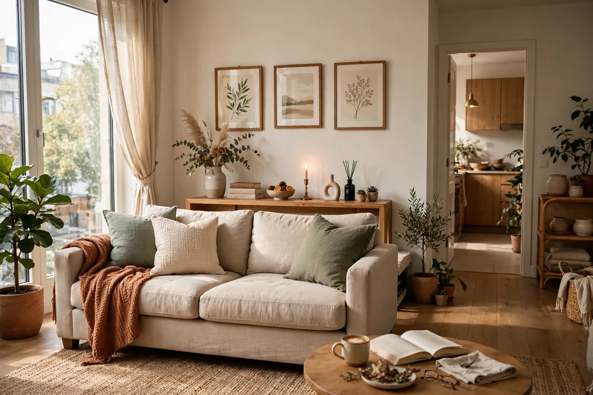 Sofa pulled slightly off the wall creating breathing room in a cozy apartment living room