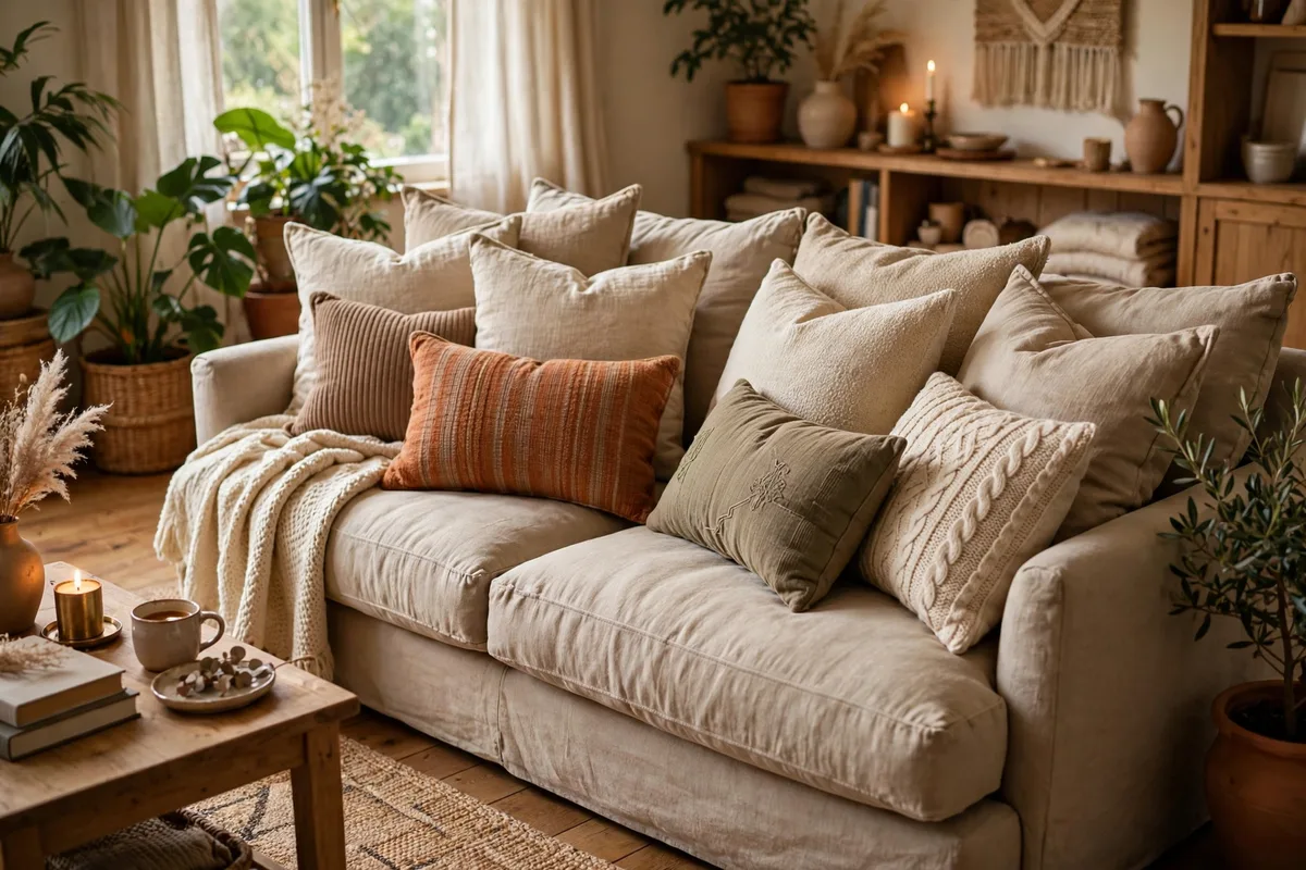 Large Euro pillows making a sofa seat deeper and cozier in an apartment living room