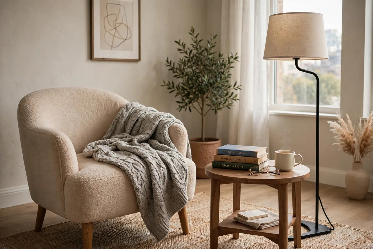Cozy reading corner with armchair side table and lamp in an apartment living room