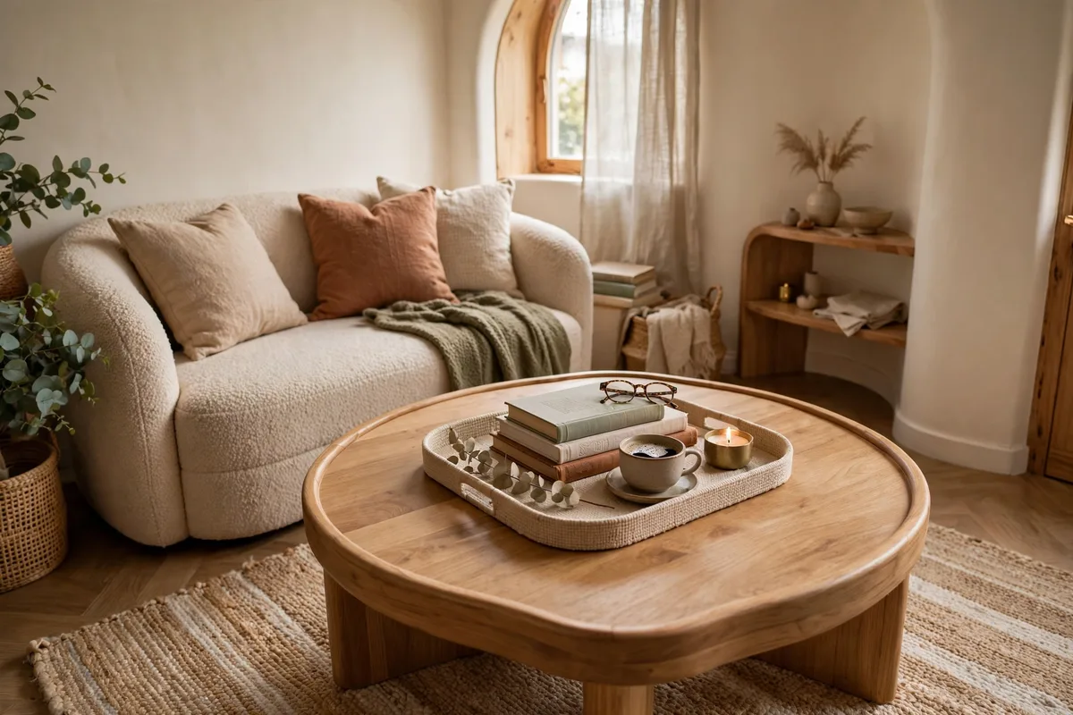 Round wooden coffee table creating a conversational circle in a cozy living room
