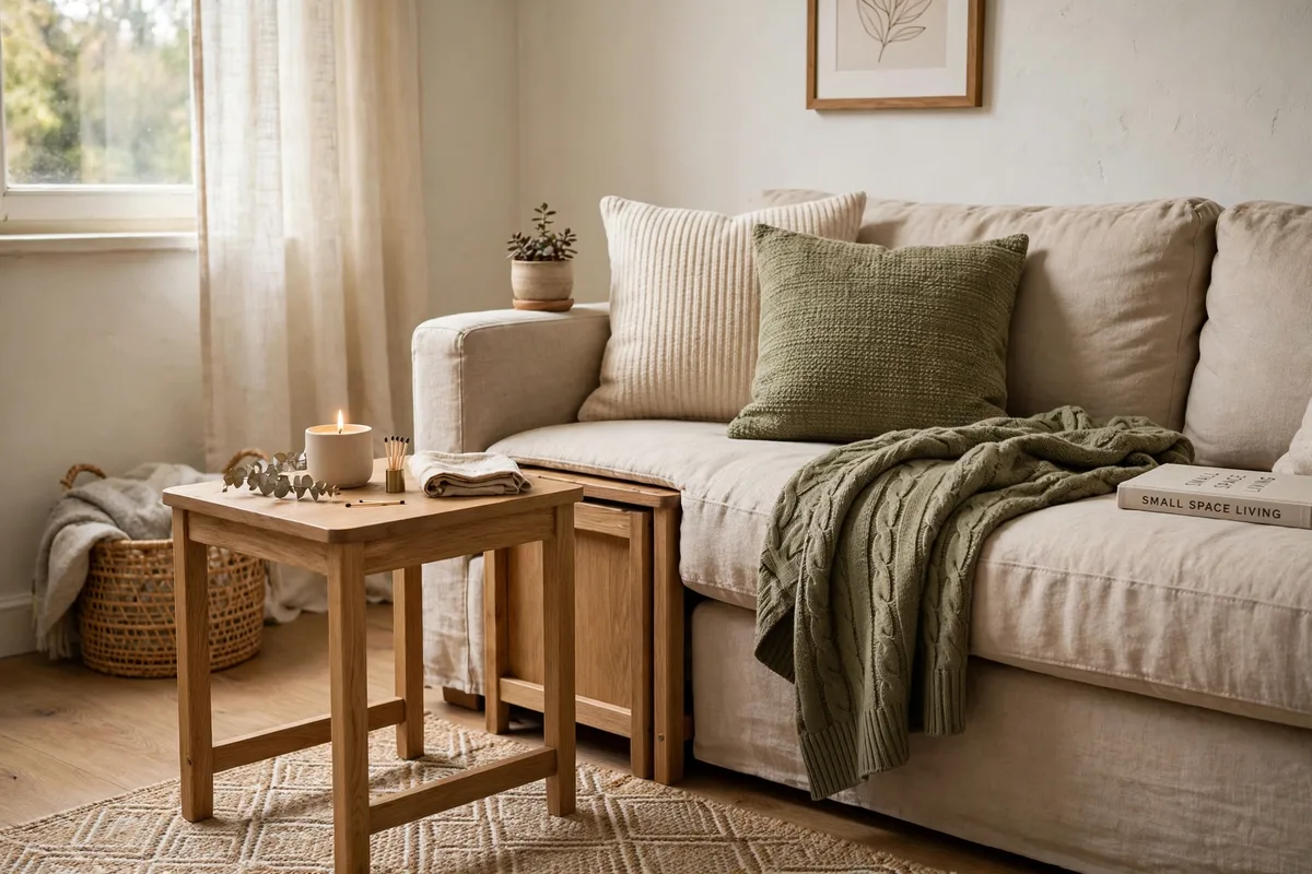 Nesting side tables beside a sofa in a cozy apartment living room