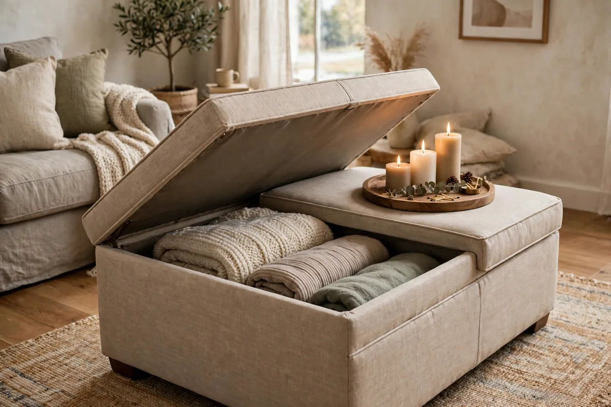 Storage ottoman used as a coffee table with a tray in a cozy living room