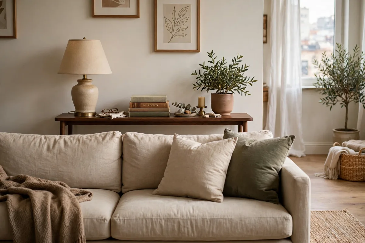 Narrow console table with lamp and plants styled behind a sofa in a cozy living room
