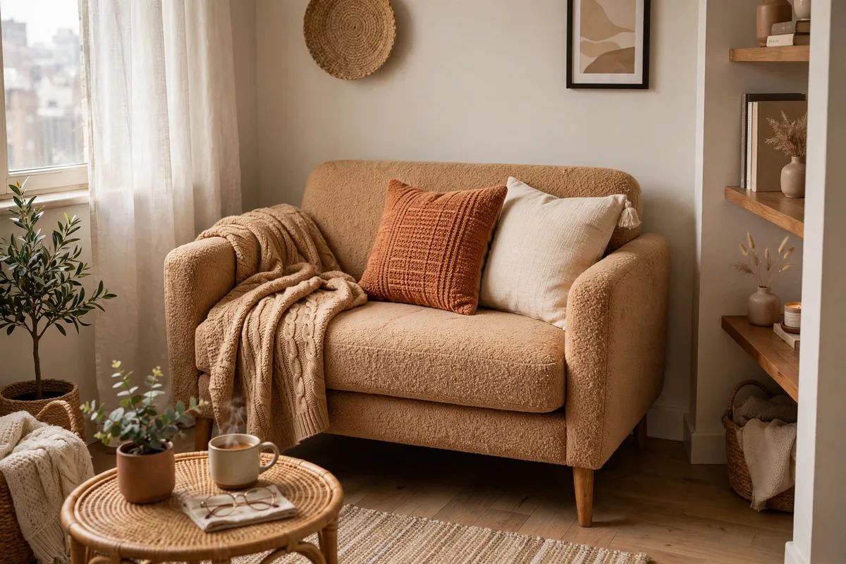 Comfortable loveseat with pillows and throw in a small cozy apartment living room