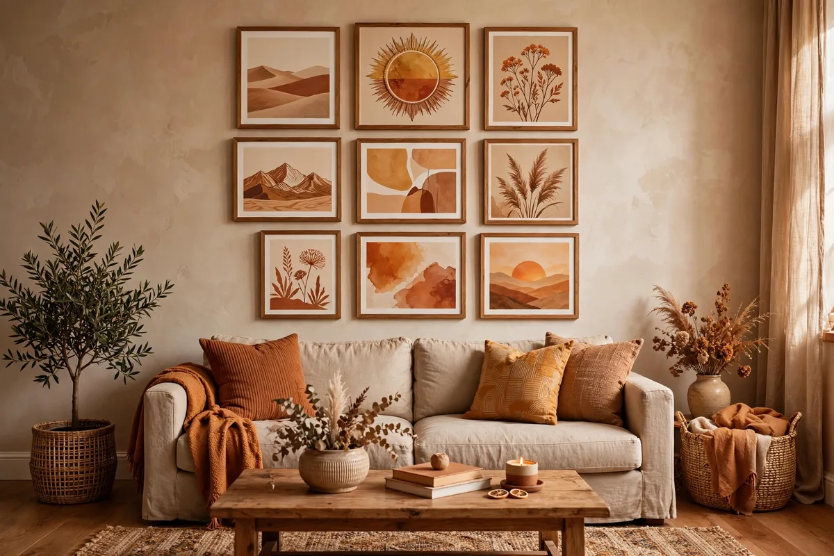 Gallery wall of warm-toned art in thrifted frames above a sofa in a cozy living room