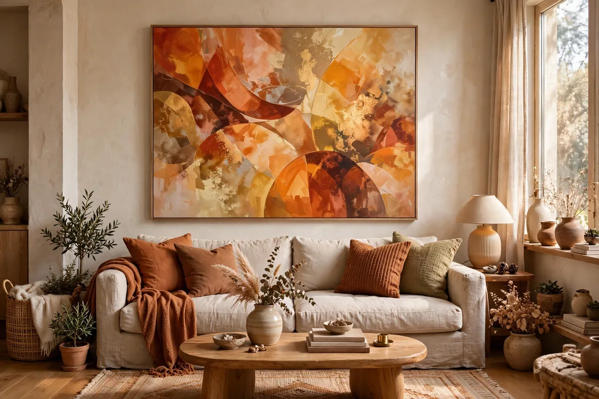 Large warm abstract art piece above a sofa in a cozy apartment living room