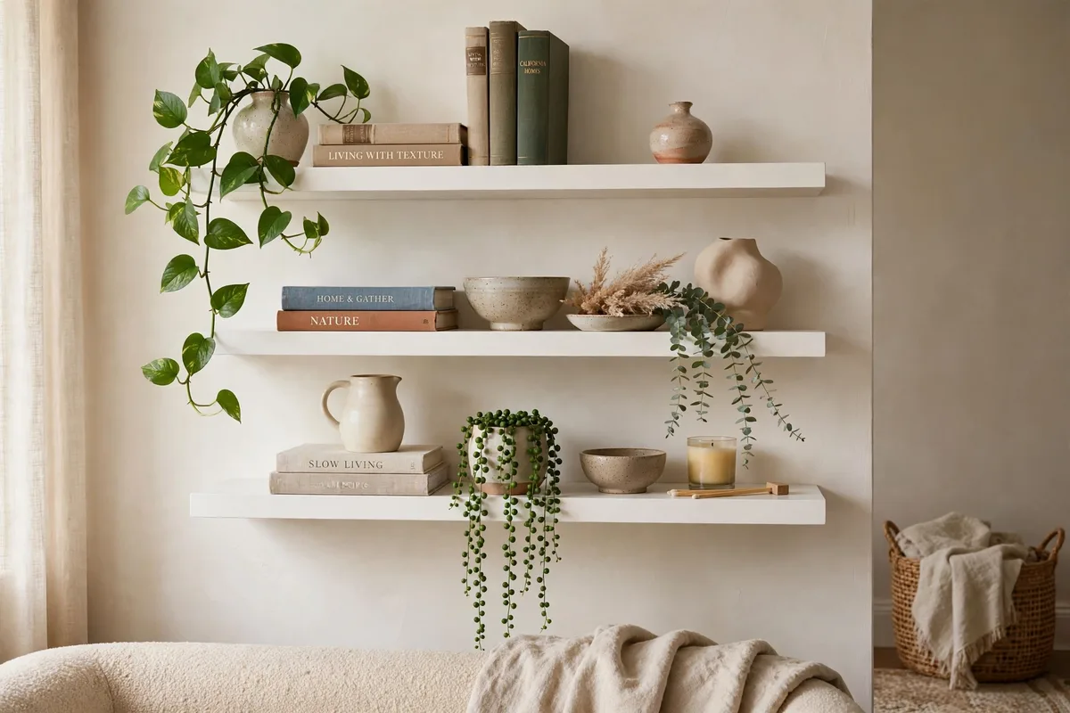 Floating shelves styled with books and plants on a wall in a cozy living room