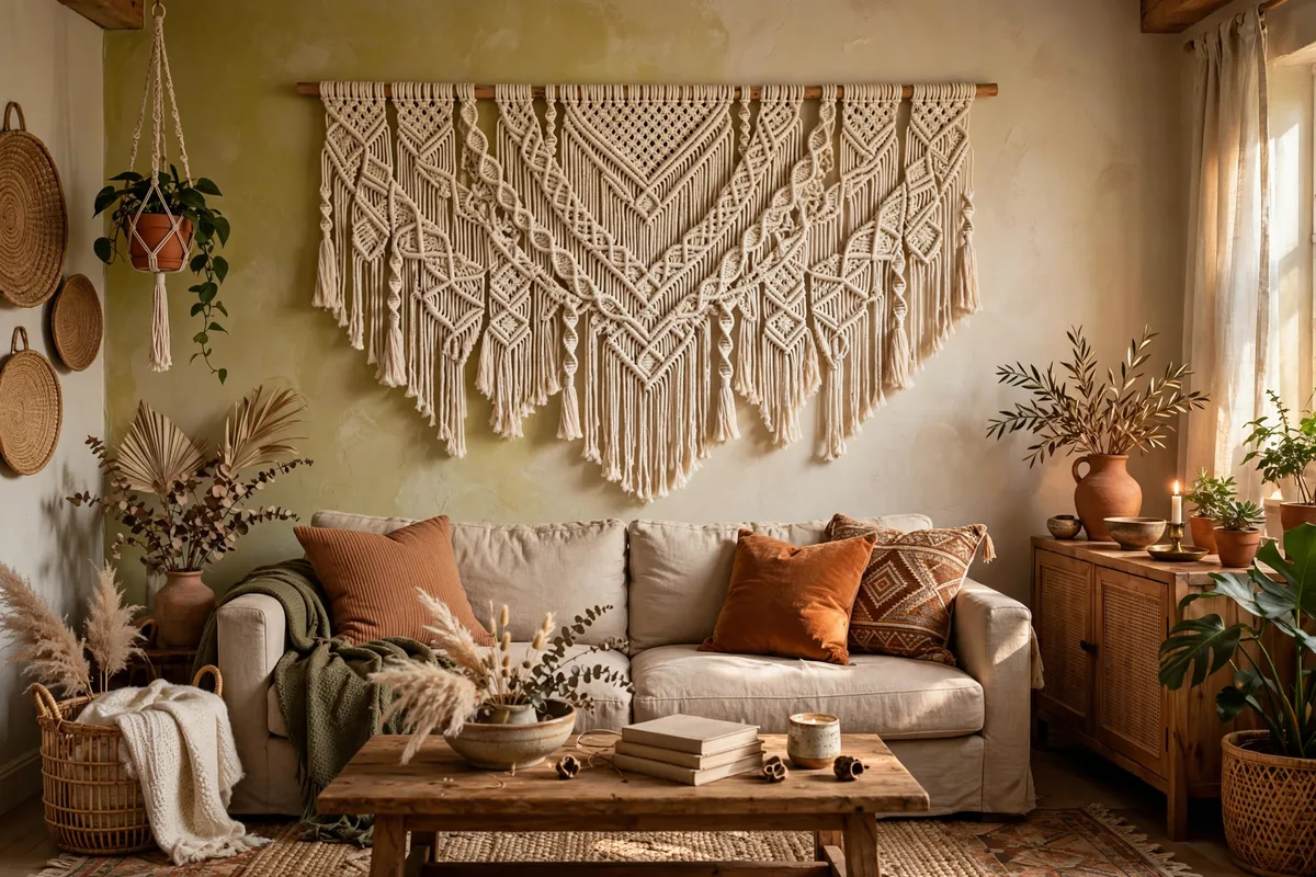 Woven textile wall hanging adding softness to a cozy apartment living room wall