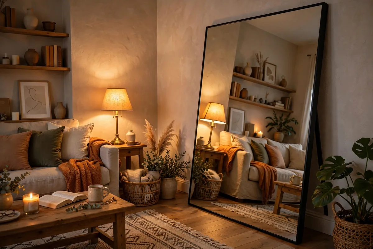 Large leaning mirror doubling warm lamplight in a cozy apartment living room
