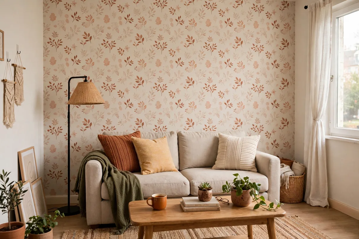 Peel-and-stick textured accent wall behind a sofa in a cozy rental living room