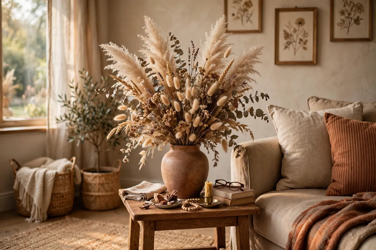 Tall vase of pampas grass and dried flowers in a corner of a cozy living room