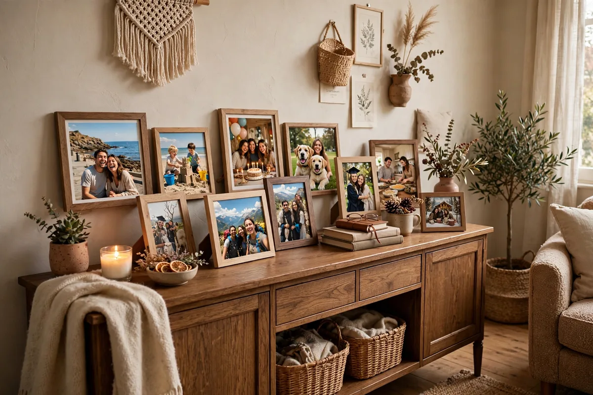 Framed personal photos on a styled shelf in a warm cozy apartment living room