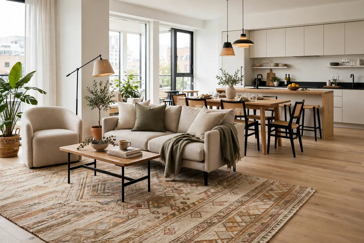 Area rug defining a cozy living zone in an open apartment layout