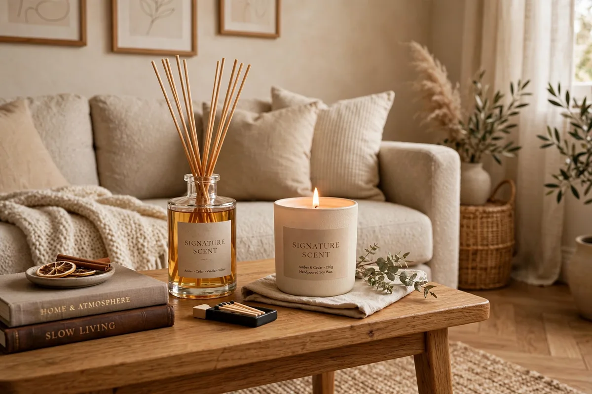Reed diffuser and candle creating a signature scent in a cozy apartment living room