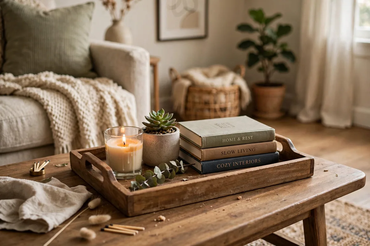 Coffee table styled with a tray holding candle books and plant in a cozy living room