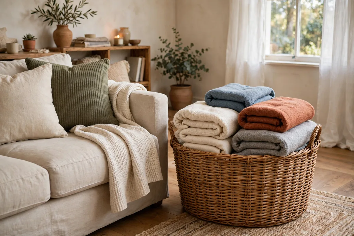 Woven basket filled with throw blankets beside a sofa in a cozy living room