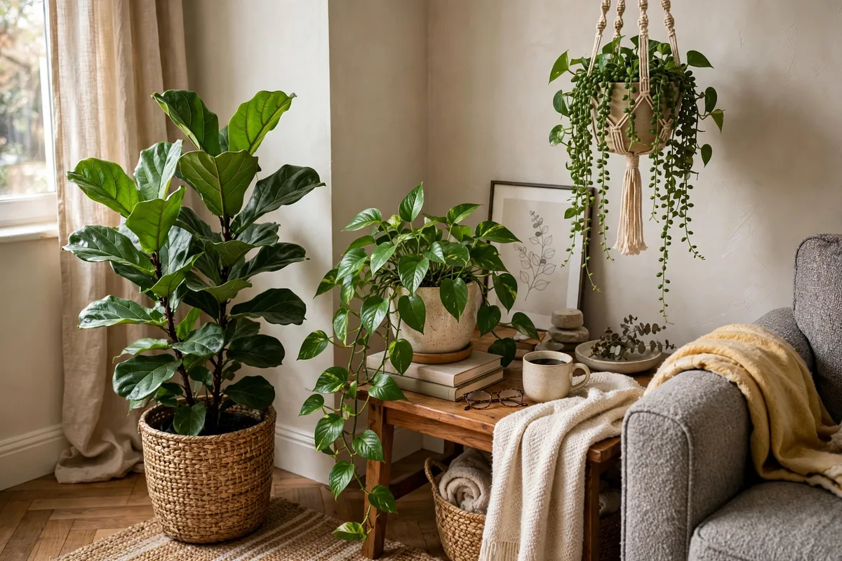 Houseplants at three heights bringing life to a cozy apartment living room