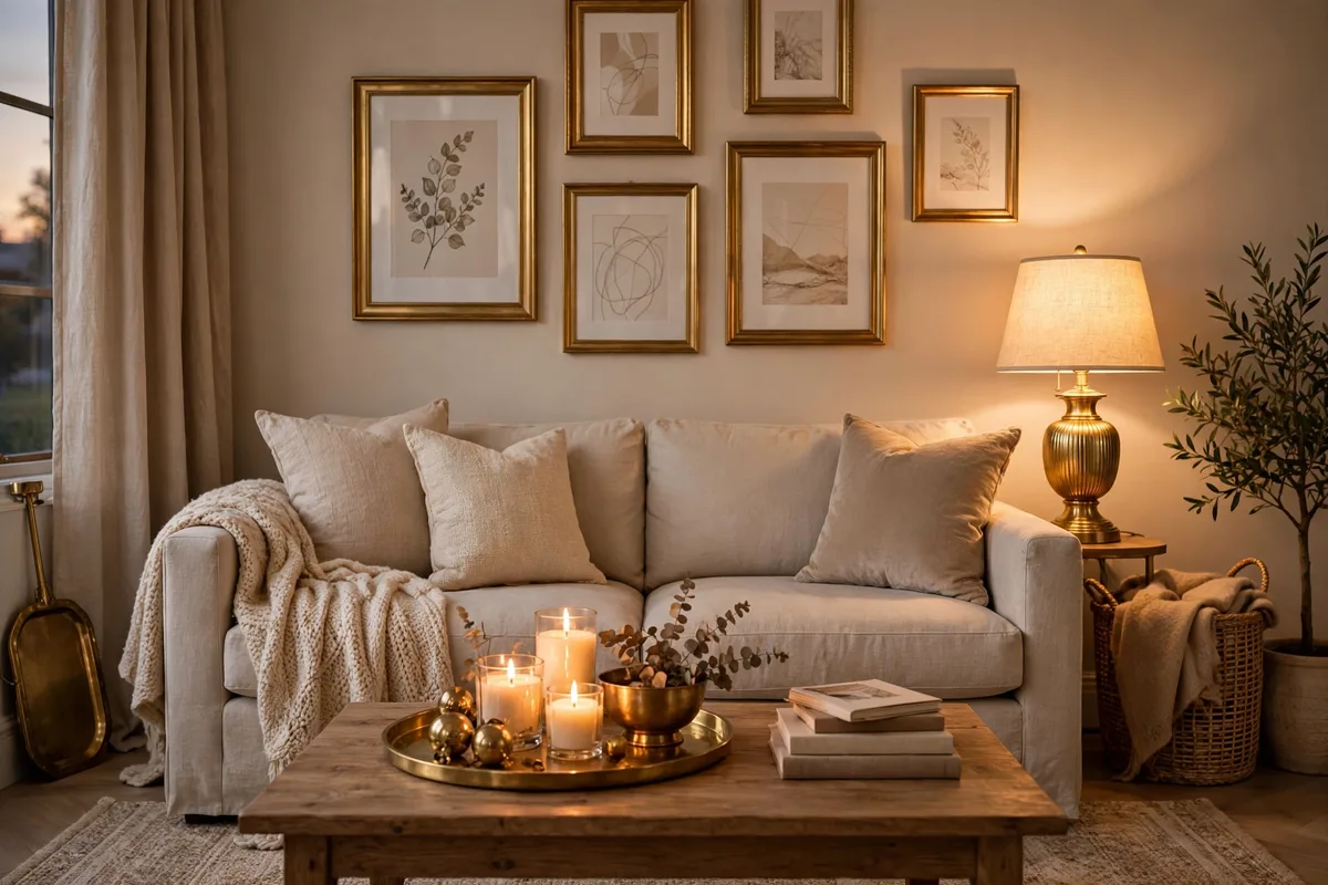 Brass lamp and gold accents warming up a cozy apartment living room