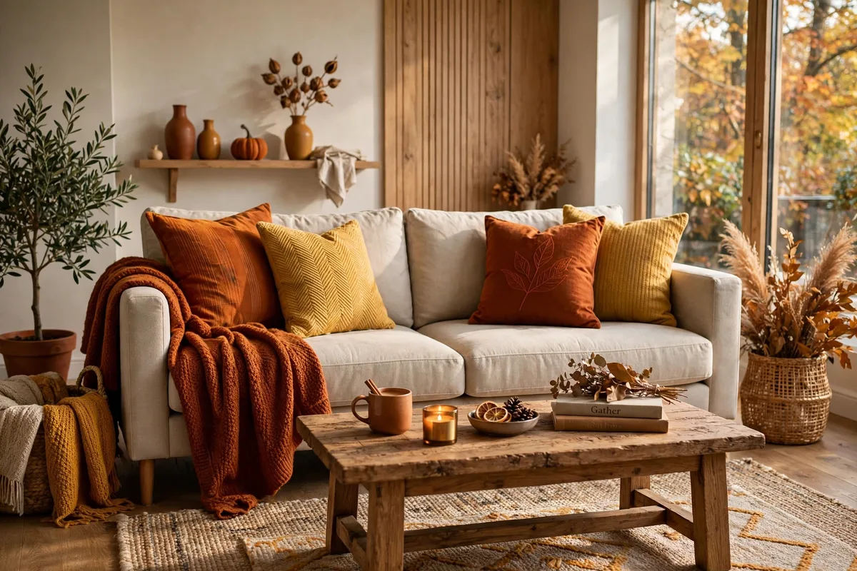 Seasonal swap of cozy winter textiles with chunky knits and velvet in a living room