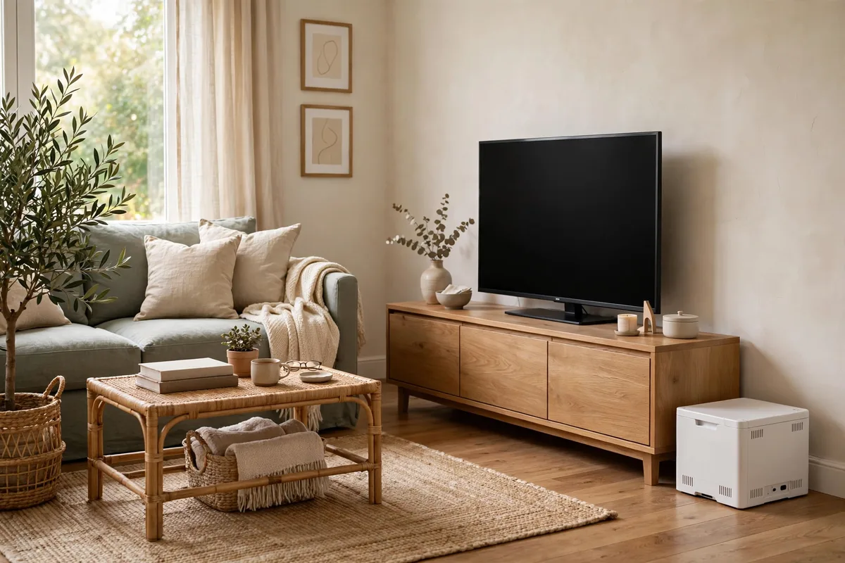 Tidy media console with hidden cords and organized decor in a cozy living room