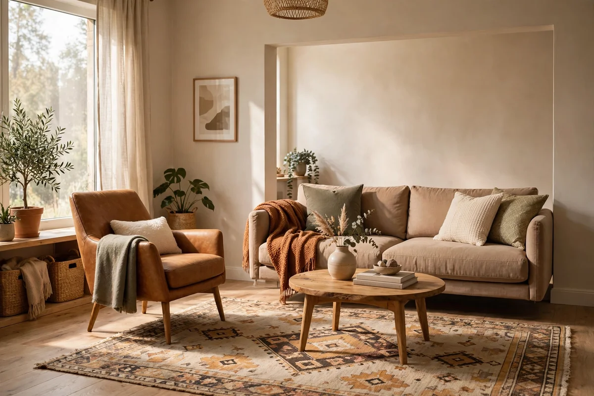 Small living room with sofa floated off the wall creating depth and conversation zone