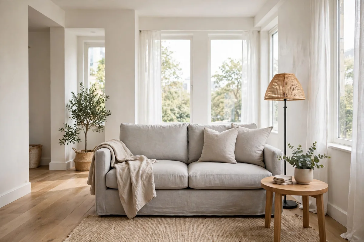 Apartment-scale sofa properly sized for a small living room with walking space around it