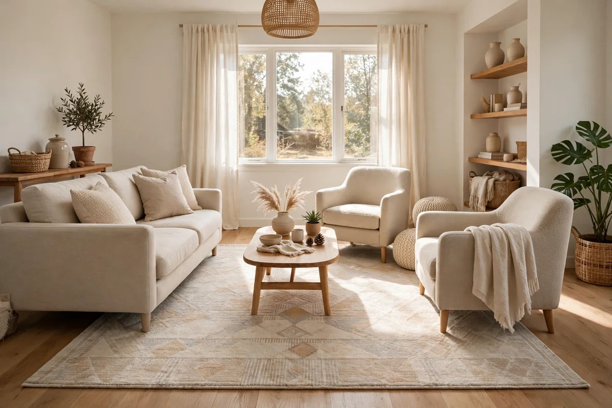 Small living room with a large rug anchoring sofa and chairs together